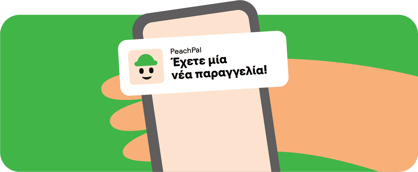 Hand holding a phone with a PeachPal notification