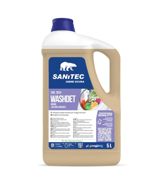 Απορρυπαντικό πλυντηρίου ρούχων Washdet πλήρες ενζυματικό με άρωμα Argan SANITEC 5lt